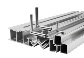 precisely arranged polished high-gloss aluminum structural profiles (i-beams, angle irons, u-channels) on a transparent background with soft shadows, concept of industrial engineering and strength