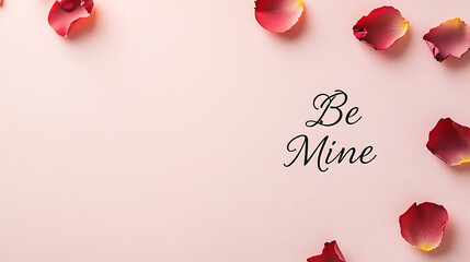 Rose petals scattered on a pink background with the phrase "Be Mine" in elegant script. Perfect for Valentine's Day promotions or romantic-themed content.
