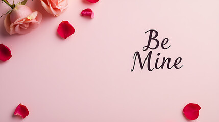 Romantic pink hues and the words 'Be Mine'. Roses, petals scattered on a soft pink surface. A tender invitation for Valentine's Day or a romantic declaration of love.