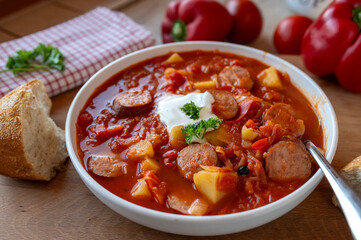 Delicious homemade Sauerkraut Soup with bell peppers, potatoes, tomatoes and krakauer sausage on a plate
