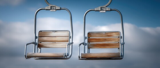 Empty ski lift chairs above snowy landscape during cloudy day in winter season