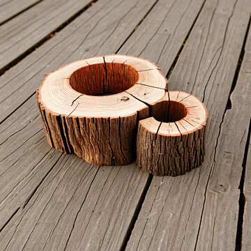 Zwei hohle Baumstammabschnitte auf einer h&ouml;lzernen Terrasse