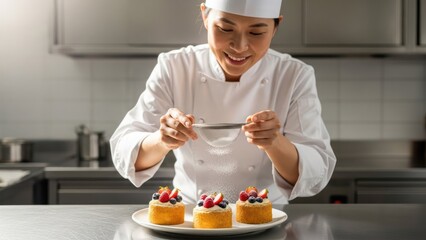 Chef dusting powdered sugar onto mini cakes with berries. Kitchen background, focused on the food