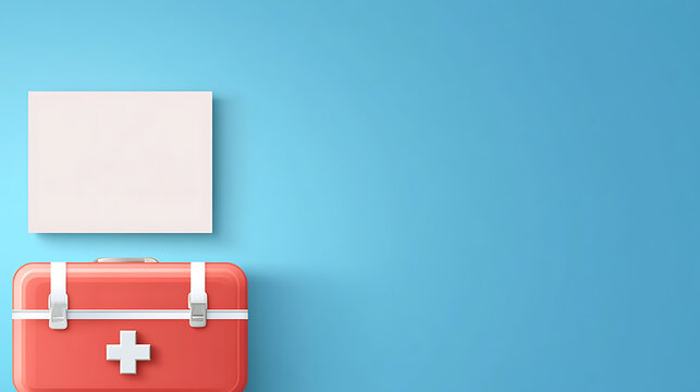 Minimalist First Aid: A red first aid kit stands against a light blue backdrop. A white square floats above it, offering space for messages. Safety & health focus.
