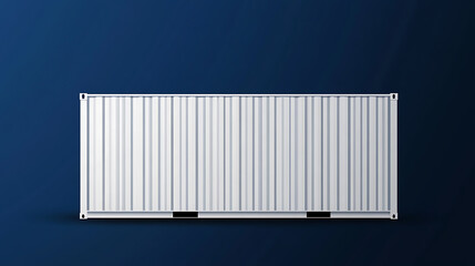 A modern, white shipping container sits against a deep blue backdrop, highlighting its industrial design and emphasizing the simplicity of form and function. Clean lines and color contrast.