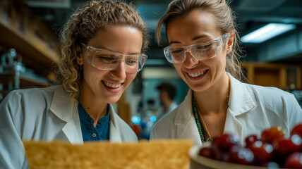Excited scientists collaborating in a lab, safety goggles on, white coats, innovation, teamwork, and cutting-edge research.
