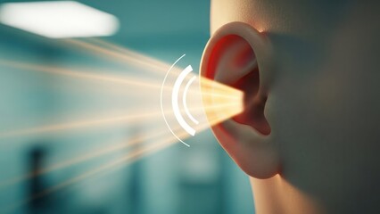 Close-up of a human ear with radiating lines symbolizing sound reception