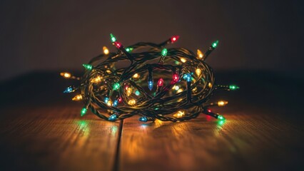 Close-up of a tangled string of Christmas lights with multiple colors on a wooden surface