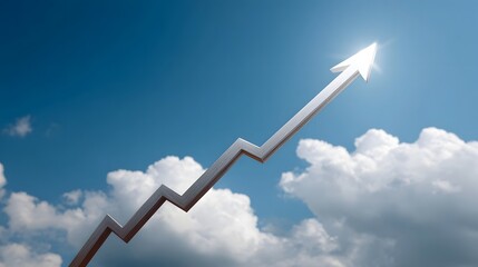 A silver upward trending arrow graph against a bright blue sky with clouds symbolizing financial growth and success