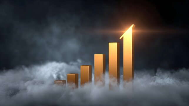 Golden bar chart illustrating upward financial growth and success emerging from mist - Powered by Adobe