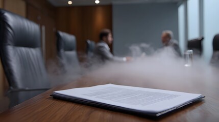 Mysterious business meeting obscured by swirling fog in a modern boardroom with documents on the table