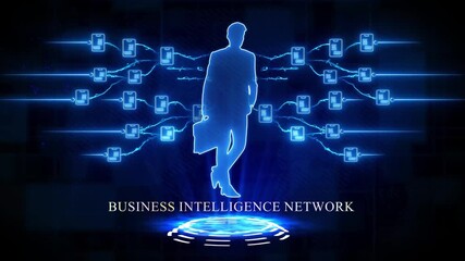 Businessman silhouette in a business intelligence network with glowing connections Keywords: businessman, silhouette, business, intelligence, network, connection, technology, digital, data - Powered by Adobe