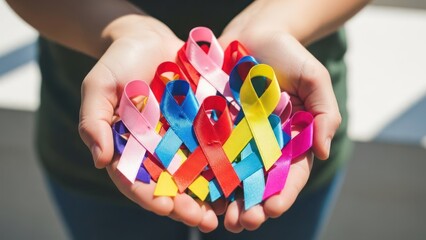 Close-up of open hands holding a vibrant collection of multi-colored awareness ribbons