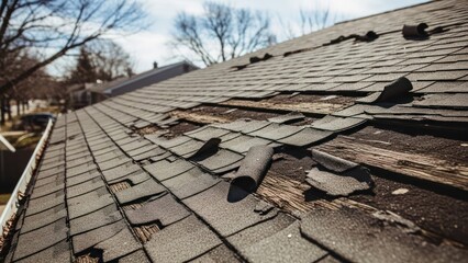 A weathered, damaged roof shows torn shingles and exposed wood on a residential building