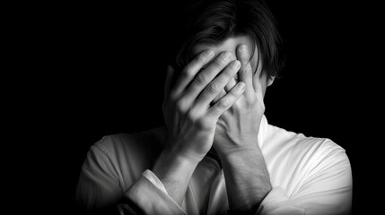 Man covering face with hands in dark studio, anxiety and overwhelm concept—high-contrast portrait, easy to adapt and edit, ideal for mental health campaigns, blogs, and editorial layouts.
