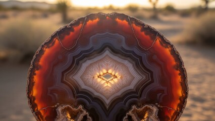 Cross-section of a geode held in hand, showing vibrant layers against a desert sunset