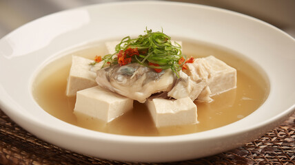Steamed fish head served with soft tofu blocks in a clear, savory broth. Garnished with shredded scallions and red chilies in a modern white bowl. Clean, professional food plating.