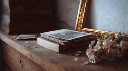 A stack of vintage photographs rests on an antique book beside dried flowers and a gold frame on a wooden surface