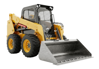 heavy-duty industrial yellow skid-steer loader, detailed steel bucket and rugged tires, isolated on a transparent background with ample copy space. concept of modern heavy machinery