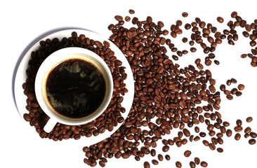 black coffee aroma coffee beans with black hot coffee in cup no people on a white background stock photo stock image