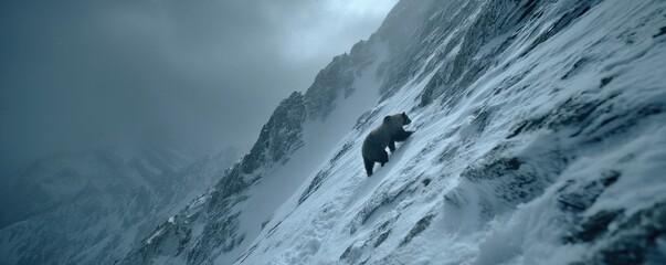 Naklejka premium Bear climbs a steep snow-covered mountain slope in a cold, windy alpine scene