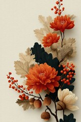 Autumn floral arrangement with orange blooms, berries, and textured leaves for decorative wall art