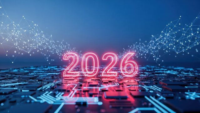 Glowing "2026" neon text set on a circuit board background with blue network - Powered by Adobe