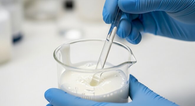 A person in blue gloves stirs white liquid in a laboratory beaker with a glass rod