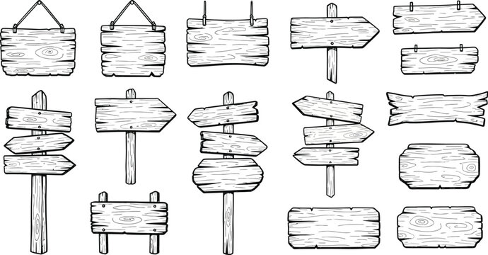 Wooden signboard, doodle wood road sign, sign posts or boards design template, wooden signboards collection, wood frame, Nail bar label, farm name billboard, antique banner isolated vector set