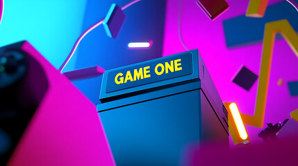 Vibrant 3D rendering of an iconic gaming device, backlit with neon aesthetics. Geometric shapes cascade in dynamic contrast against a vivid, futuristic backdrop.