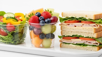 Healthy meal prep Salad, fruit cup, and layered sandwich on a white tray