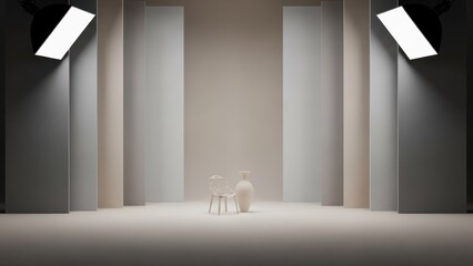 Interior scene lit with studio lights, featuring a vase and chair