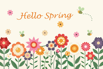 Hello spring with colorful flowers bees and a cheerful seasonal greeting