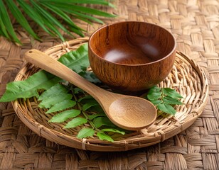 Tropical Realistic Still Life of Wooden Bowl and Spoon