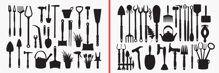 shovel silhouette vector, farming tools black silhouettes, agriculture equipment illustration set, garden tool outline art, farm vector collection, tool icon set, shovel clipart silhouettes, rural gra © Geetaroy