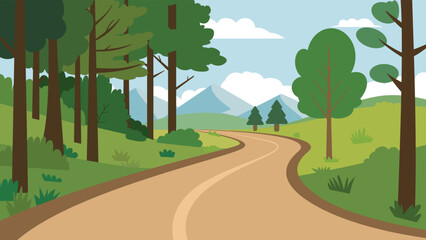 Winding Forest Road with Trees and Mountains Flat Vector Illustration.Scenic Nature Path with Trees, Mountains, and Blue Sky.Countryside Road Background with Greenery