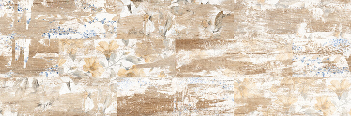 light wood strip background with floral pattern, wooden plank, natural wood.