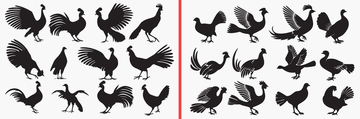 Obraz premium bird silhouette vector, poultry bird black silhouettes, chicken rooster illustration set, farm bird outline art, animal vector collection, bird icon set, poultry clipart silhouettes, agriculture graph