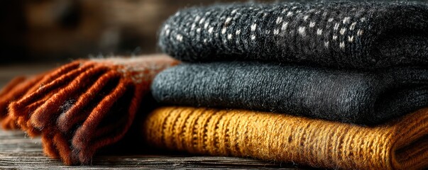 Cozy folded scarves on a rustic wooden background in warm autumn colors and textures