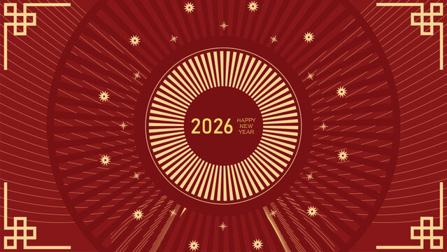 Luxury Flat Chinese New Year 2026 Background with Radial Sunburst Circle, Red Gold Color, Star Ornament and Geometric Frame for Festive Banner