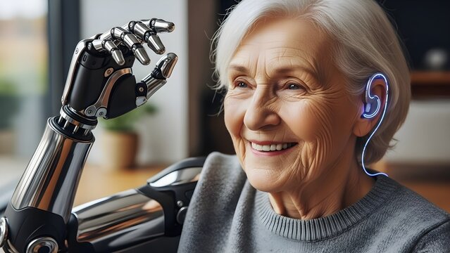 Elderly woman with bionic arm and ear device modern technology concept