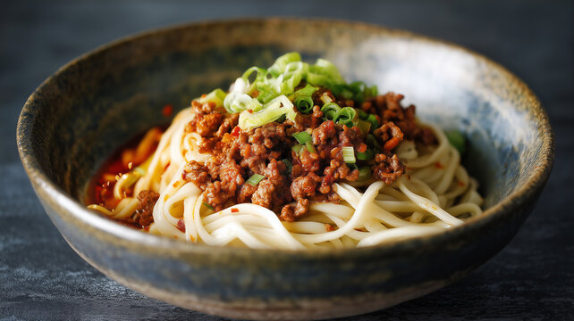Professional food photography of spicy Dan Dan Mian. Features savory minced pork, vibrant chili oil, and spring onion garnish in a textured bowl over a dark, moody background.