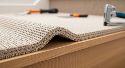 Closeup of layering underlay padding before laying down a soft carpet stair runner featuring a waterfall installation technique.
