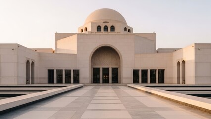 Serene, symmetrical view of a beige domed building with archways, reflecting pool