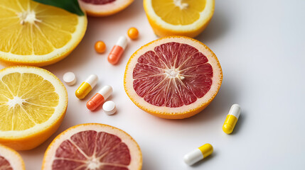 A vivid display of citrus fruit halves alongside supplement capsules, suggesting a focus on health and vitality, nutrient-rich choices, wellness, and dietary support.