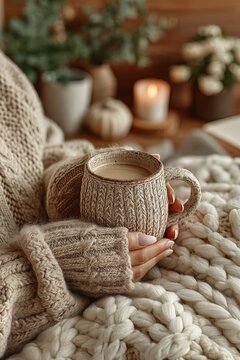 Cozy autumn scene: a woman in a knitted sweater cuddles a mug of warm drink under a chunky blanket
