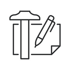 Renovation plan icon illustrating hammer, document and pencil for construction planning, repair tasks and project preparation. Editable stroke vector icon.