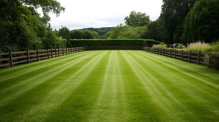 Expansive lawn showcasing meticulously mowed stripes, bordered by a classic wooden fence. Lush greenery and towering trees enhance the picturesque, serene landscape.
