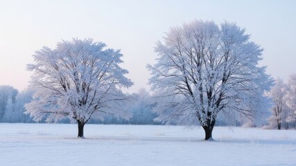Two frosted trees in a snow-covered field with a soft-lit, cold, hazy sky
