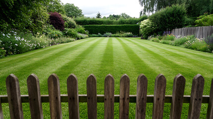 A serene scene unfolds with a meticulously manicured green lawn, framed by a rustic wooden fence. Lush greenery surrounds, creating a tranquil outdoor space.
